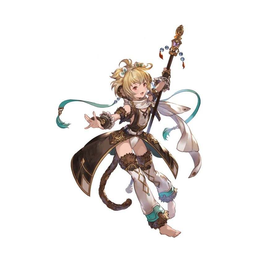 1girl andira_(granblue_fantasy) barefoot blonde_hair cleavage_cutout clothing_cutout erune full_body fur_trim granblue_fantasy hair_ornament headband holding holding_staff minaba_hideo monkey_tail official_art red_eyes scarf short_hair solo staff tail transparent_background twintails two_side_up