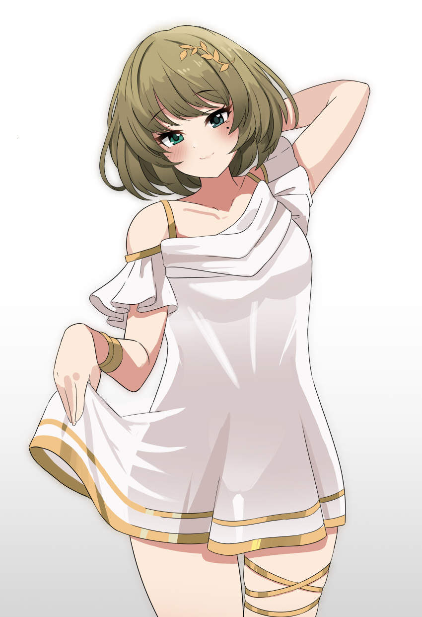 1girl absurdres arm_behind_head asymmetrical_legwear blue_eyes blush bob_cut bracelet clothes_lift clothing_cutout collarbone dress dress_lift frilled_sleeves frills gradient gradient_background green_eyes green_hair heterochromia highres holding holding_clothes holding_dress idolmaster idolmaster_cinderella_girls idolmaster_starlit_season jewelry lifted_by_self looking_at_viewer mole mole_under_eye see-through see-through_silhouette shoulder_cutout simple_background skindentation smile solo sylph_p takagaki_kaede white_dress