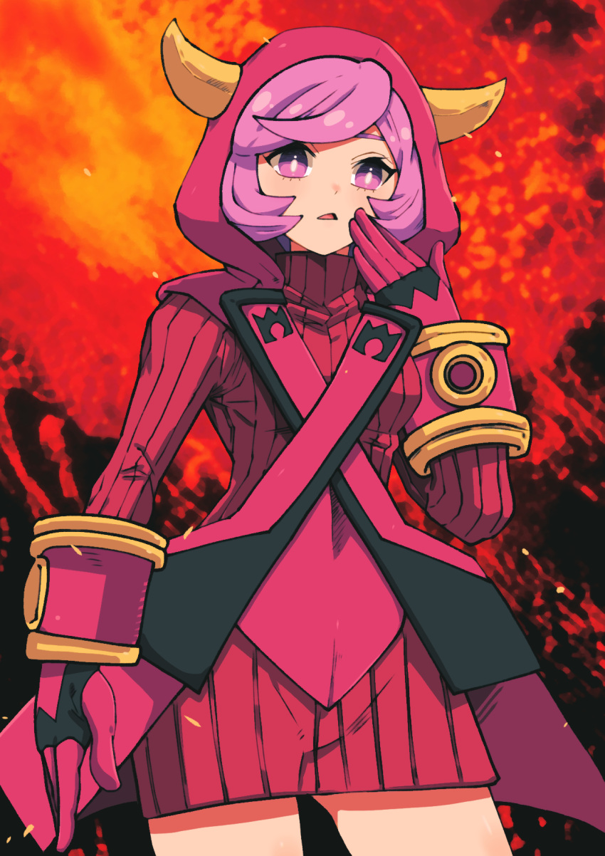 1girl bangs batchgooya breasts bright_pupils commentary_request courtney_(pokemon) dress eyelashes fake_horns fire gloves hand_up highres hood hood_up horns logo open_mouth pokemon pokemon_(game) pokemon_oras purple_hair red_dress ribbed_dress short_hair solo swept_bangs team_magma team_magma_uniform tongue turtleneck_dress violet_eyes white_pupils