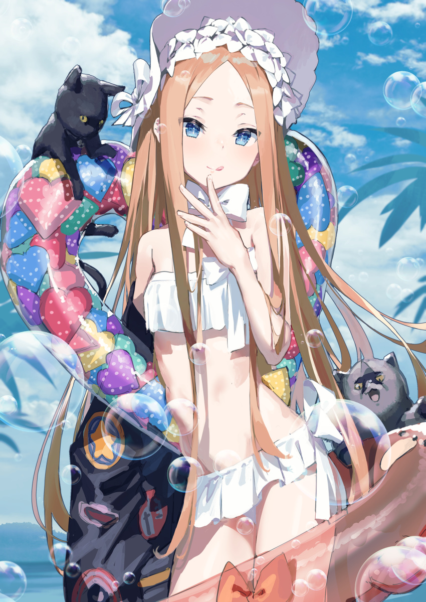 1girl :q abigail_williams_(fate) abigail_williams_(swimsuit_foreigner)_(fate) absurdres animal bangs bikini blonde_hair blue_sky blush bonnet cat clouds day fate/grand_order fate_(series) highres innertube long_hair looking_at_viewer palm_tree parted_bangs sky smile solo swimsuit tongue tongue_out tree white_bikini xkirara39x
