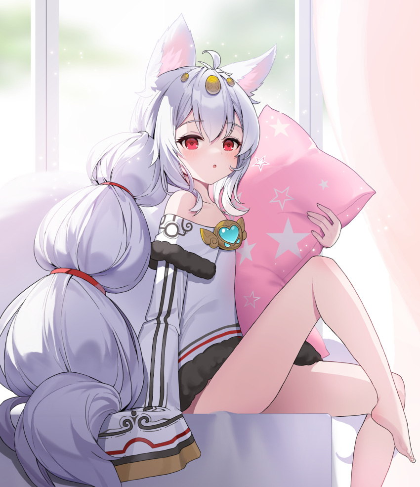 1girl ahoge animal_ears bare_shoulders barefoot brooch highres hyoin jewelry knee_up long_hair looking_at_viewer object_hug off-shoulder_shirt off_shoulder panilla_the_revival parted_lips pillow pillow_hug red_eyes shirt sleeves_past_fingers sleeves_past_wrists solo thighs very_long_hair white_hair white_shirt