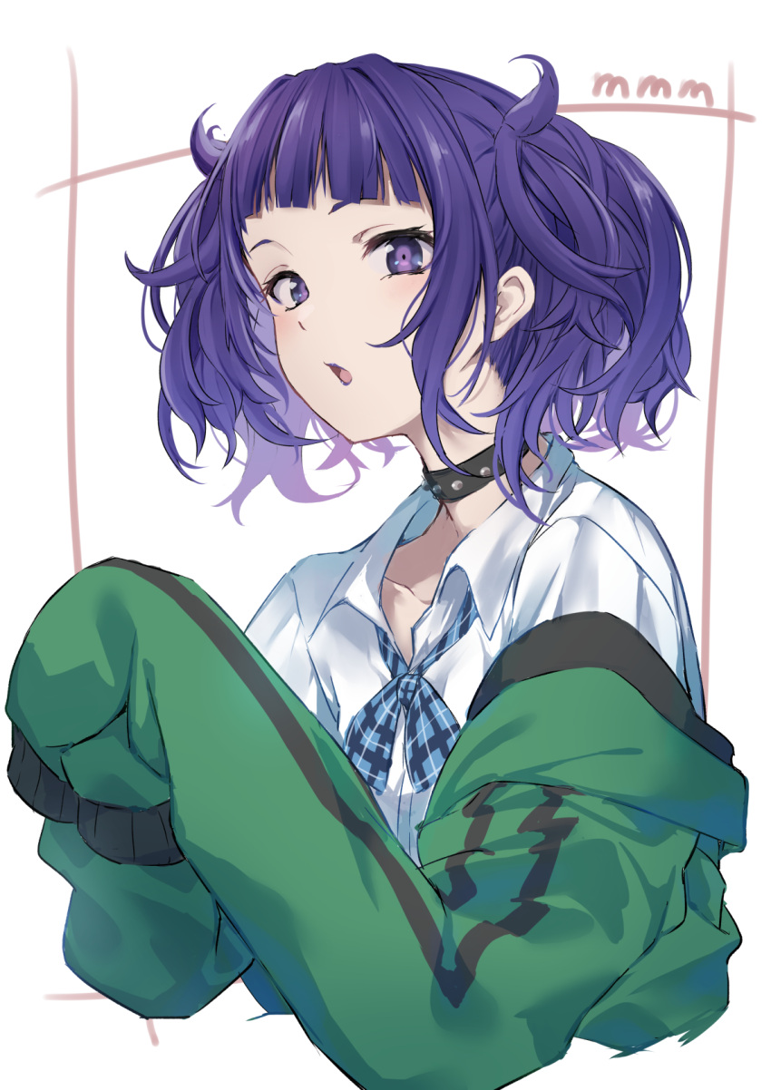 1girl bangs blush bow bowtie choker collar green_jacket highres idolmaster idolmaster_shiny_colors jacket kagari_leroy long_sleeves looking_at_viewer messy_hair open_mouth purple_hair shirt short_hair simple_background solo spiked_collar spikes tanaka_mamimi upper_body violet_eyes white_shirt