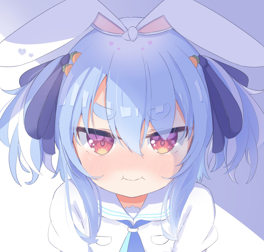 1girl :i animal_ears bangs blue_hair blue_ribbon blush bunny-shaped_pupils carrot_hair_ornament closed_mouth commentary_request eyes_visible_through_hair food-themed_hair_ornament hair_between_eyes hair_ornament hair_ribbon heart highres hololive looking_at_viewer medium_hair multicolored_hair nananana_(nana_hololive) nose_blush official_alternate_costume orange_eyes pout rabbit_ears rabbit_girl ribbon sailor_collar shade shiny shiny_hair shirt short_eyebrows short_twintails sidelocks solo symbol-shaped_pupils thick_eyebrows twintails two-tone_hair upper_body usada_pekora virtual_youtuber white_hair white_sailor_collar white_shirt