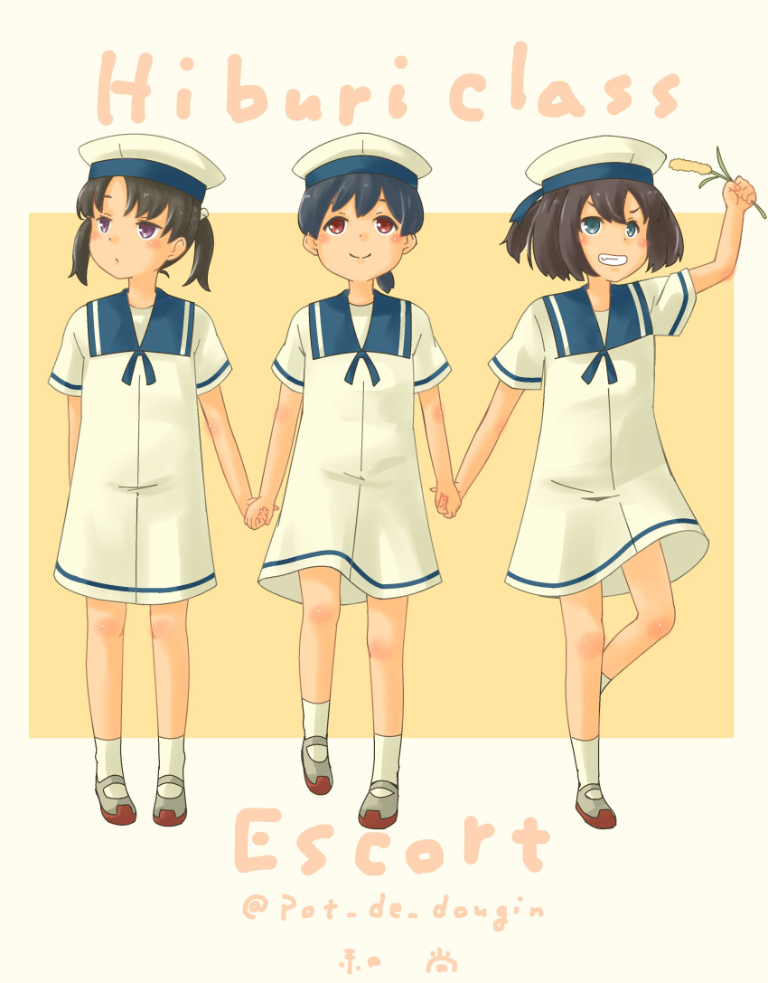 absurdres black_hair blue_eyes blue_headwear blue_sailor_collar bob_cut brown_eyes brown_hair closed_mouth commentary_request daitou_(kancolle) dress english_text hat hiburi_(kancolle) high_ponytail highres holding holding_hands kantai_collection low_ponytail medium_hair name_tag open_mouth orange_background pink_background pot-de sailor_collar sailor_dress sailor_hat shoes short_dress short_hair short_sleeves shounan_(kancolle) sidelocks simple_background socks twintails uwabaki violet_eyes white_dress white_headwear white_legwear