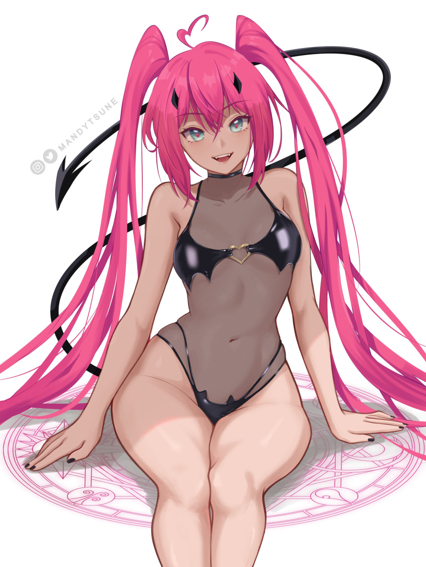 1girl absurdres ahoge artist_name breasts demon_girl demon_horns demon_tail english_commentary eyebrows_visible_through_hair feet_out_of_frame hair_between_eyes highres horns instagram_logo leotard long_hair looking_at_viewer magic_circle mandytsune open_mouth original pink_hair see-through simple_background small_breasts solo tail teeth tongue twintails twitter_logo very_long_hair watermark white_background