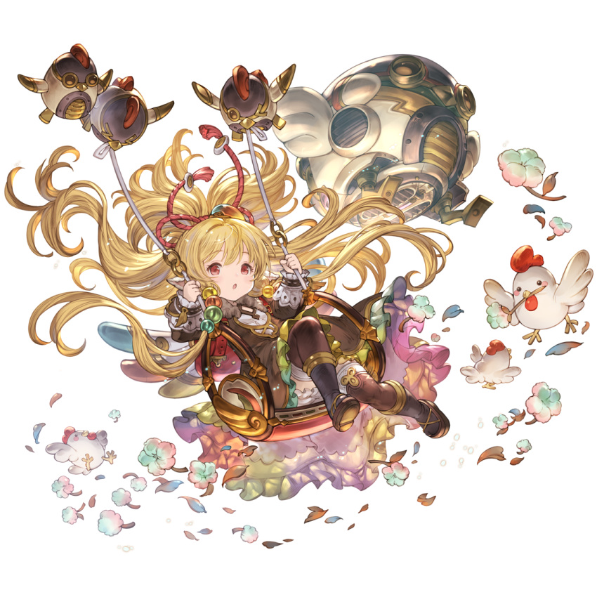 1girl animal_ears bangs bare_shoulders bird blonde_hair boots breasts chibi chicken earrings eyebrows_visible_through_hair flower flying granblue_fantasy hair_ornament harvin jewelry knee_boots long_hair looking_at_viewer machine mahira_(granblue_fantasy) minaba_hideo official_art red_eyes robot_animal simple_background sitting small_breasts swinging thigh-highs white_background