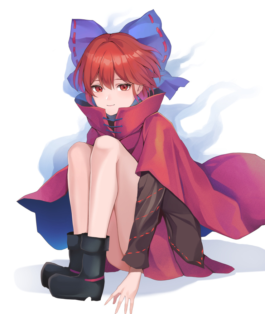 1girl absurdres black_footwear black_shirt blue_bow blue_cape boots bow cape closed_mouth full_body hair_between_eyes hair_bow highres koizumo long_sleeves miniskirt multicolored_cape multicolored_clothes red_cape red_eyes red_skirt redhead sekibanki shirt short_hair simple_background skirt smile solo touhou white_background