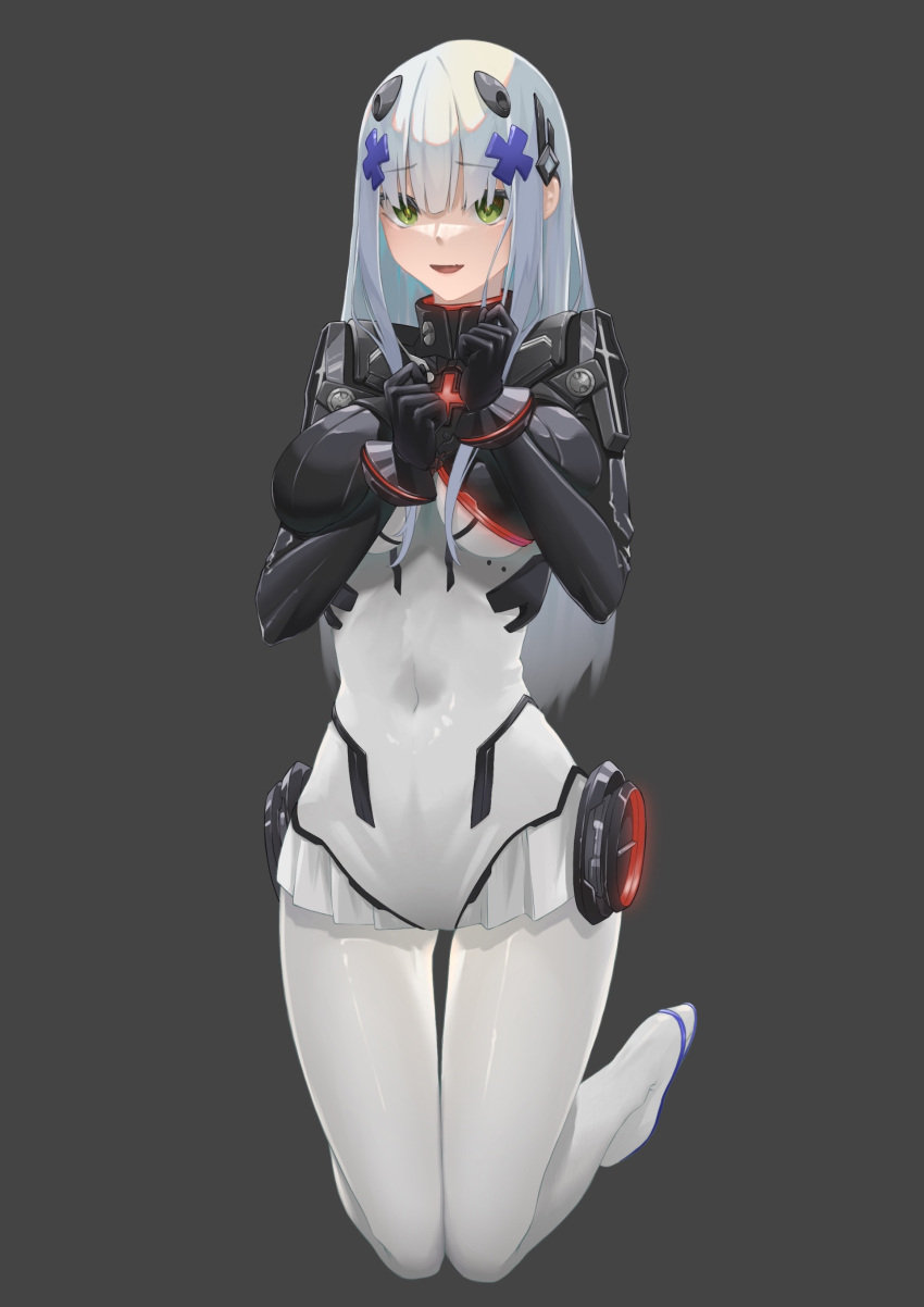 1girl absurdres alternate_costume armored_bodysuit ass_visible_through_thighs assault_rifle bodysuit breast_lift breast_press breasts breasts_apart covered_navel deep_skin eyebrows_visible_through_hair fang full_body girls_frontline green_eyes grey_background gun h&amp;k_hk416 hair_between_eyes hair_ornament hair_over_eyes hands_up highres hk416_(girls'_frontline) impossible_bodysuit impossible_clothes kneeling large_breasts light_blue_hair long_hair looking_ahead open_mouth rifle shiny shiny_clothes silver_hair simple_background skin_fang smile solo thigh_gap tsurime weapon white_bodysuit x_hair_ornament yueyue_no_hand