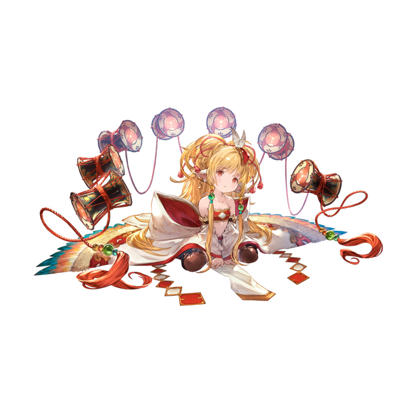 1girl animal_ears bandeau bangs bare_shoulders bird blonde_hair boots breasts chibi drum earrings eyebrows_visible_through_hair granblue_fantasy hair_ornament harvin instrument jewelry knee_boots long_hair looking_at_viewer mahira_(granblue_fantasy) minaba_hideo official_art red_eyes simple_background sitting small_breasts thigh-highs wide_sleeves