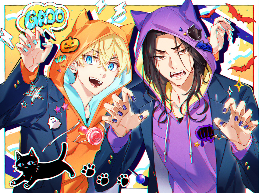 2boys :d akeno06 animal_hood baji_keisuke bangs black_eyes black_hair blazer blonde_hair blue_eyes blue_jacket blue_nails candy cat_hood food hair_between_eyes hand_up highres hood hood_up hoodie jacket lollipop long_hair long_sleeves looking_at_viewer male_focus matsuno_chifuyu multiple_boys open_hand open_mouth orange_hoodie paw_print pin purple_hoodie purple_nails smile speech_bubble tokyo_revengers upper_body v-shaped_eyebrows yellow_background