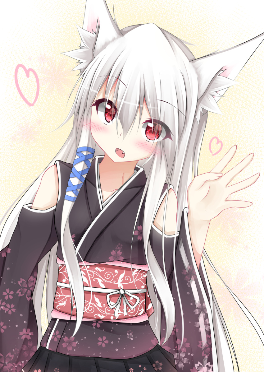 1girl animal_ears bare_shoulders blush detached_sleeves eyebrows_visible_through_hair fang floral_print fox_ears fox_girl hair_between_eyes hand_wave head_tilt heart highres horomasa japanese_clothes kimono long_hair long_sleeves looking_at_viewer open_mouth original red_eyes shiny shiny_hair slit_pupils solo white_hair wide_sleeves