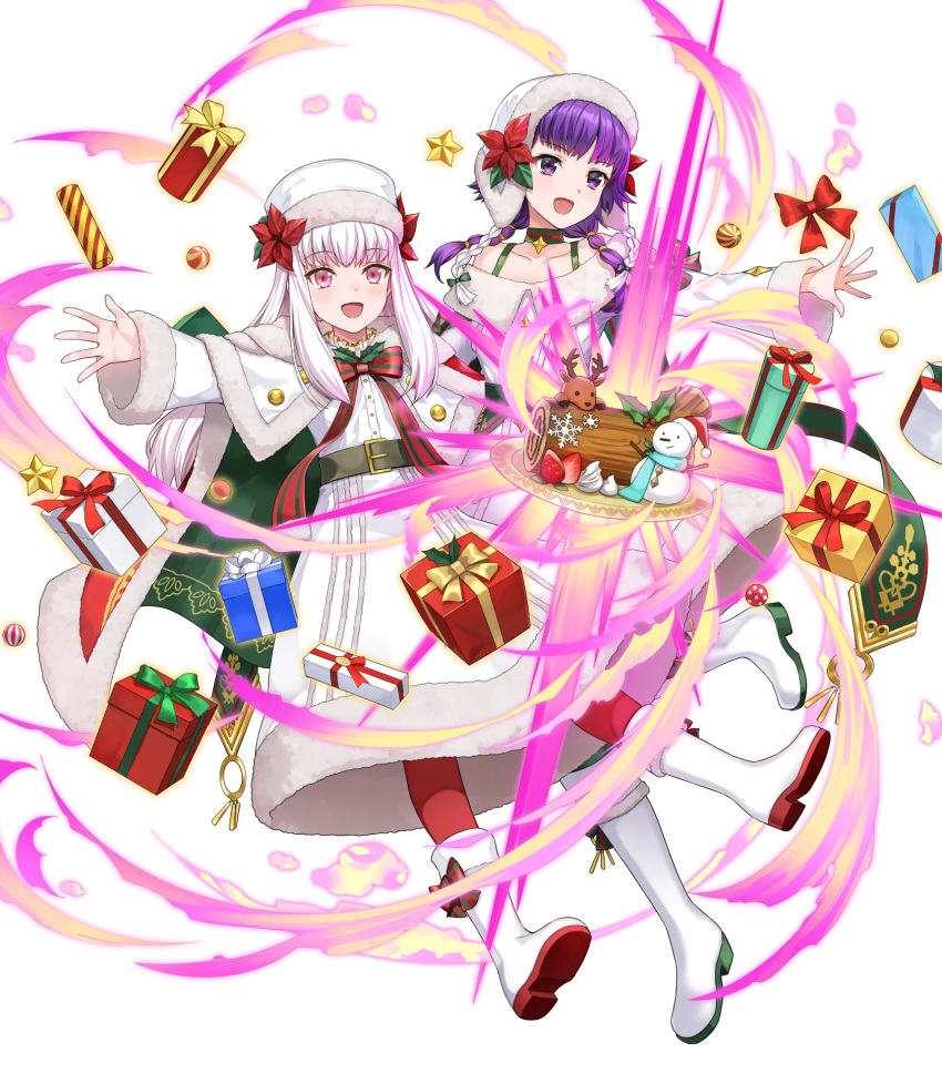 2girls amagai_tarou bangs belt boots bow box braid cape choker collarbone eyebrows_visible_through_hair fire_emblem fire_emblem:_the_sacred_stones fire_emblem:_three_houses fire_emblem_heroes floating floating_object food full_body fur_trim gift gift_box gold_trim hat highres knee_boots long_hair long_sleeves looking_away lute_(fire_emblem) lysithea_von_ordelia multiple_girls official_art open_mouth pantyhose purple_hair red_legwear simple_background smile snowman tied_hair transparent_background violet_eyes white_footwear white_hair
