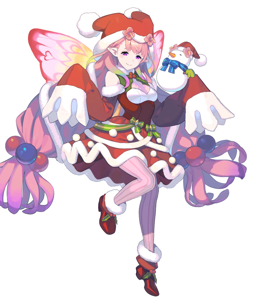 1girl ankle_boots bangs blush boots closed_mouth dress enkyo_yuuichirou fairy_wings fire_emblem fire_emblem_heroes floating floating_object fur_trim hair_ornament high_heel_boots high_heels highres leg_up long_hair looking_at_viewer low-tied_long_hair mirabilis_(fire_emblem) official_art pantyhose pink_hair pointy_ears polka_dot pom_pom_(clothes) red_footwear shiny shiny_hair sleeves_past_wrists smile solo striped tied_hair vertical_stripes violet_eyes wide_sleeves wings