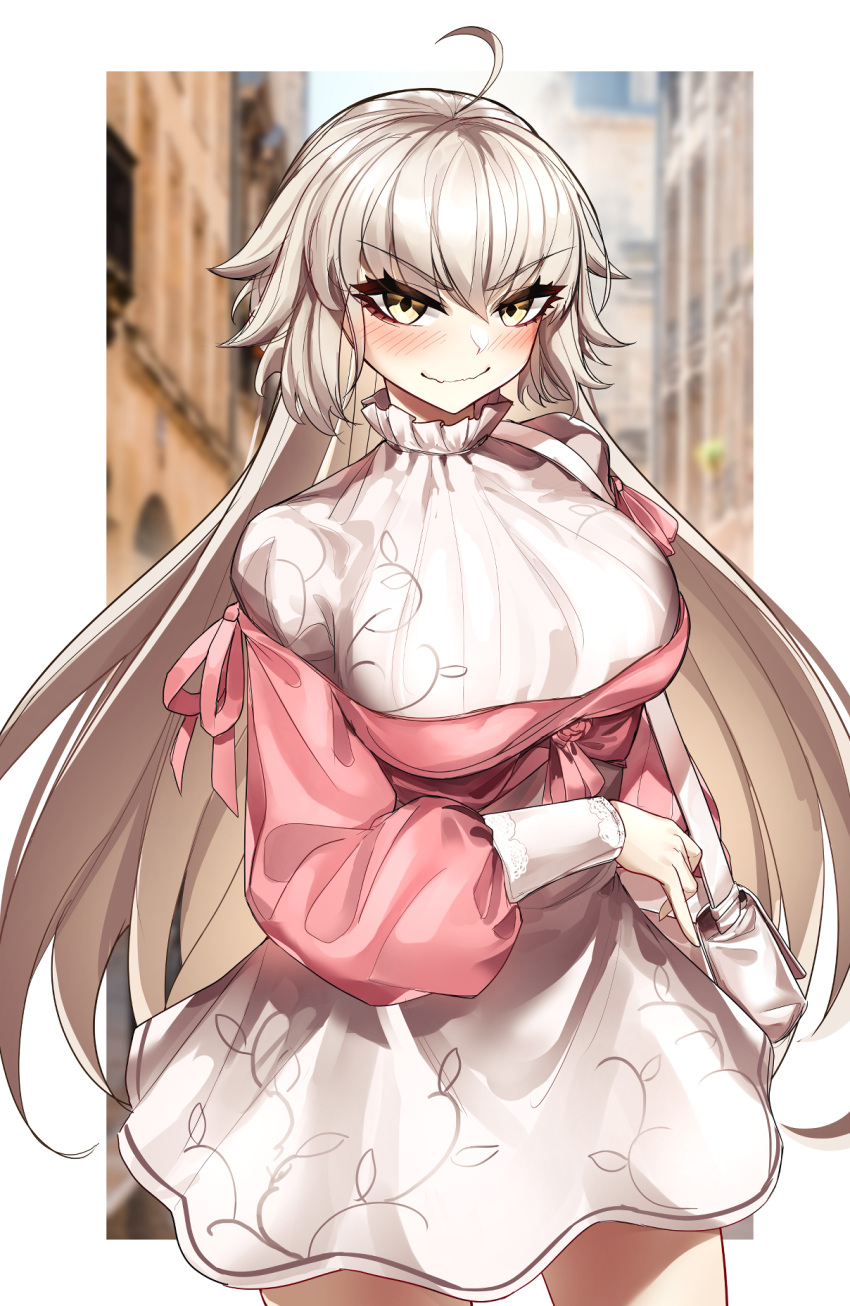 1girl ahoge bag bangs blush breasts casul contemporary dress fate/grand_order fate_(series) highres jacket jeanne_d'arc_(alter)_(fate) jeanne_d'arc_(fate) large_breasts long_hair long_sleeves looking_at_viewer pink_jacket shoulder_bag silver_hair smile solo very_long_hair white_dress yellow_eyes