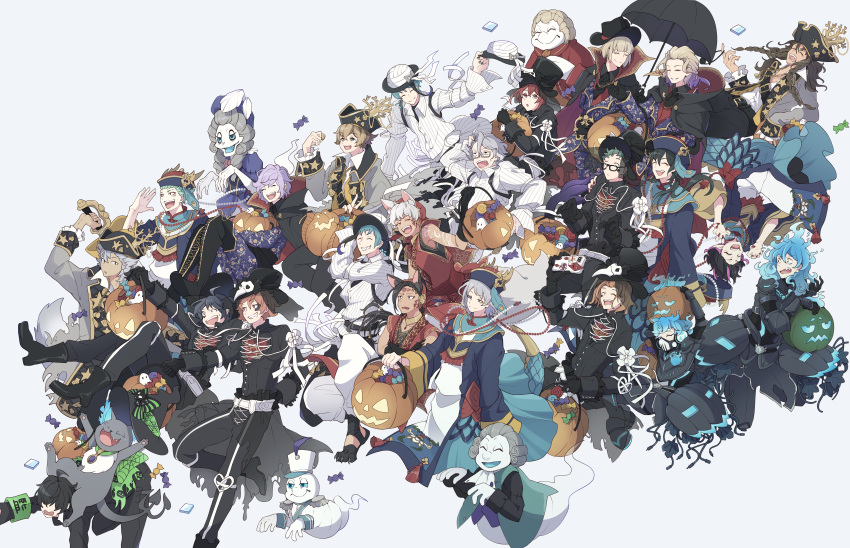 1other 6+boys :d absurdres ace_trappola ahoge ambiguous_gender animal_ear_fluff animal_ears arm_tattoo armband armor azul_ashengrotto belt black_gloves black_hair black_nails blonde_hair blue_eyes blue_hair boots braid brown_eyes brown_hair candy candy_wrapper cater_diamond chinese_clothes claw_pose cloak closed_eyes coin collarbone cross-laced_footwear crossed_arms dark_skin deuce_spade dire_crowley drawstring earrings epel_felmier everyone eyebrows_visible_through_hair eyepatch eyepatch_removed eyeshadow facial_mark fang fangs fiery_hair fingernails floyd_leech food frilled_sleeves frills full_body ghost glasses gloves green_hair grim_(twisted_wonderland) hair_over_eyes halloween_bucket halloween_costume hand_on_another's_shoulder hat hat_feather highres holding holding_phone holding_umbrella idia_shroud jack-o'-lantern jack_howl jade_leech jamil_viper jewelry kalim_al-asim lace-up_boots leaf leona_kingscholar lilia_vanrouge long_hair long_sleeves looking_up makeup male_focus malleus_draconia mole mole_under_mouth multicolored_hair multiple_boys official_alternate_costume open_mouth orange_hair ortho_shroud phone pink_hair pirate_costume pirate_hat plant pointy_ears pumpkin purple_eyeshadow purple_hair rantatta red_eyes red_nails riddle_rosehearts rook_hunt ruggie_bucchi scared sebek_zigvolt sharp_fingernails sharp_teeth shell short_hair silver_(twisted_wonderland) silver_hair simple_background single_earring skin_fang sleeveless smile streaked_hair striped tail tassel tattoo teeth thigh-highs thigh_boots top_hat torn_clothes trey_clover twisted_wonderland two-tone_hair umbrella veil vertical_stripes vil_schoenheit vines white_background wide-eyed wide_sleeves witch_hat wolf_boy wolf_ears yuu_(twisted_wonderland)