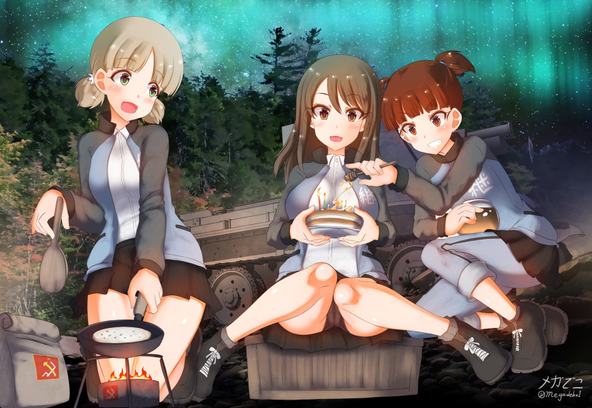 3girls aki_(girls_und_panzer) ankle_boots aquaegg aurora bangs birthday_cake black_panties blue_footwear blue_headwear blue_jacket blue_pants blue_skirt blunt_bangs boots box brown_eyes brown_hair bt-42 cake check_commentary commentary_request cooking crotch_seam cup dress_shirt emblem eyebrows_visible_through_hair fire food forest girls_und_panzer green_eyes grey_legwear grin ground_vehicle hair_tie hat highres holding holding_cup holding_plate holding_spatula honey honeypot jacket keizoku_military_uniform kneeling knees_together_feet_apart light_brown_hair long_hair long_sleeves looking_at_another low_twintails mika_(girls_und_panzer) mikko_(girls_und_panzer) military military_uniform military_vehicle miniskirt motor_vehicle multiple_girls nature open_clothes open_jacket open_mouth pancake panties pants pants_rolled_up pants_under_skirt pantyshot plate pleated_skirt pravda_(emblem) raglan_sleeves red_eyes redhead shirt short_hair short_twintails sitting skillet skirt smile socks spatula tank track_jacket track_pants tulip_hat twintails underwear uniform white_shirt