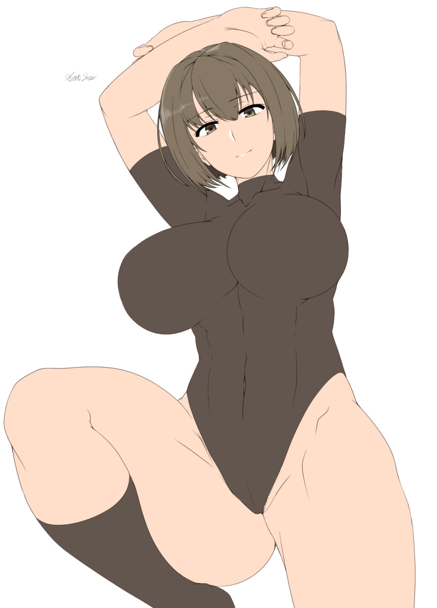 1girl arms_behind_head black_legwear black_leotard brown_eyes brown_hair commentary_request flat_color highres hyuuga_(kancolle) kantai_collection kneehighs leotard lying saizu_nitou_gunsou short_hair short_sleeves simple_background solo turtleneck unfinished white_background
