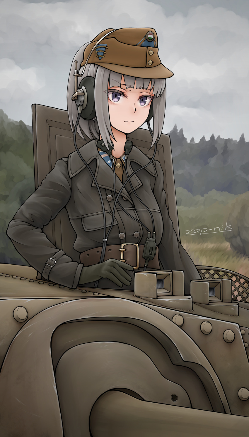 1girl 43m_zrinyi absurdres belt black_hair gloves ground_vehicle hat hatch headset high_ponytail highres hungary jacket leather leather_jacket long_hair military military_uniform military_vehicle motor_vehicle original ponytail serious sidelocks signature soldier solo tank uniform upper_body violet_eyes world_war_ii zap-nik