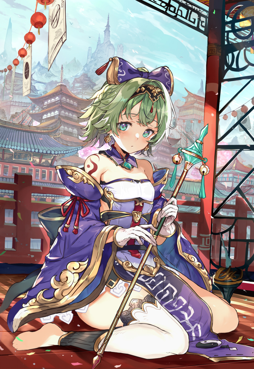 1girl abusoru architecture bangs bare_shoulders barefoot breast_grab building china_dress chinese_clothes dress east_asian_architecture grabbing green_eyes green_hair hair_between_eyes hair_ornament hair_ribbon hiding highres holding holding_staff indoors looking_at_viewer original ribbon short_hair sitting solo_focus staff tattoo window