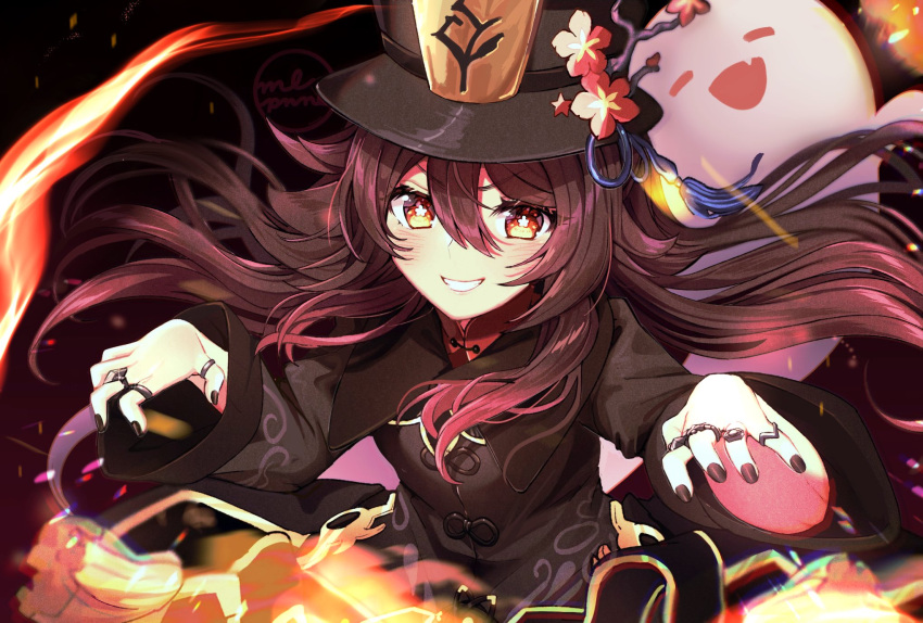 1girl black_headwear black_jacket black_nails blush brown_hair chinese_clothes commentary english_commentary eyebrows_visible_through_hair fire flat_chest floating_hair flower flower-shaped_pupils genshin_impact ghost glint gradient_hair grin hair_between_eyes hat hat_flower highres hu_tao_(genshin_impact) jacket jewelry long_hair long_sleeves looking_at_viewer meronpanne multicolored_hair multiple_rings nail_polish plum_blossoms porkpie_hat red_eyes red_shirt redhead ring shirt signature smile solo symbol-shaped_pupils tangzhuang tassel teeth two-tone_hair upper_body v-shaped_eyebrows