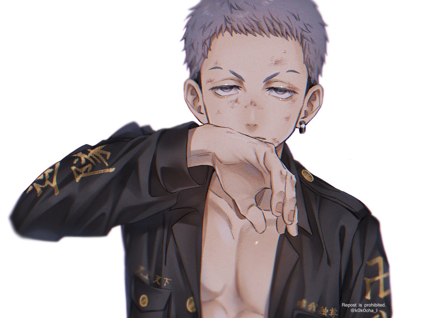 1boy black_hair black_jacket closed_mouth collarbone earrings eyebrow_cut grey_eyes grey_hair hand_up highres injury jacket jewelry k0k0cha_i long_sleeves looking_at_viewer male_focus mitsuya_takashi open_clothes open_jacket short_hair simple_background single_earring solo tokyo_revengers twitter_username undercut upper_body white_background