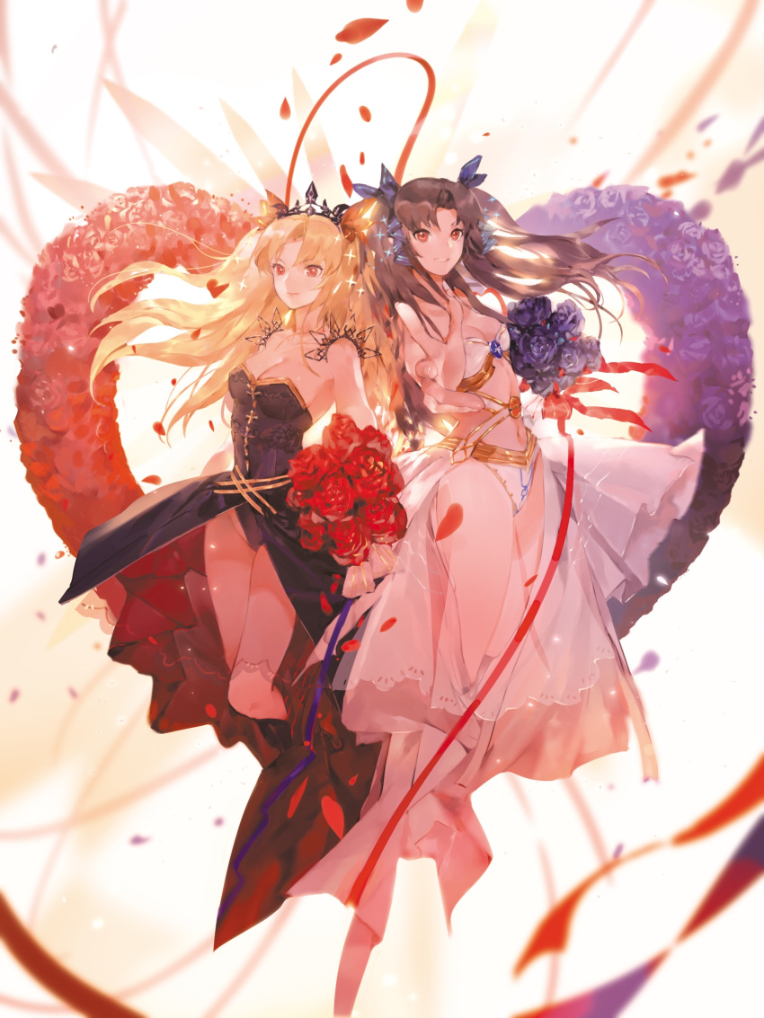 2girls bare_shoulders black_hair blonde_hair bouquet breasts brown_hair crown ereshkigal_(fate) fate/grand_order fate_(series) flower hand_on_own_chest highres ishtar_(fate) leotard long_hair looking_at_viewer lufufu medium_breasts multiple_girls navel petals red_eyes rose smile thighs two_side_up white_background