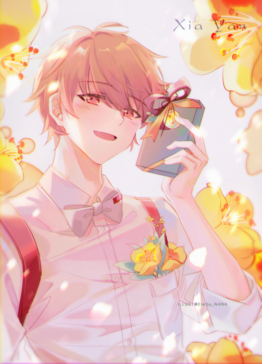 1boy :d bangs bow bowtie brown_eyes brown_hair character_name flower gift highres holding holding_gift looking_at_viewer luke_pearce_(tears_of_themis) nana895 open_mouth polo_shirt shirt short_hair sleeves_rolled_up smile solo tears_of_themis white_background white_bow white_bowtie white_shirt yellow_flower