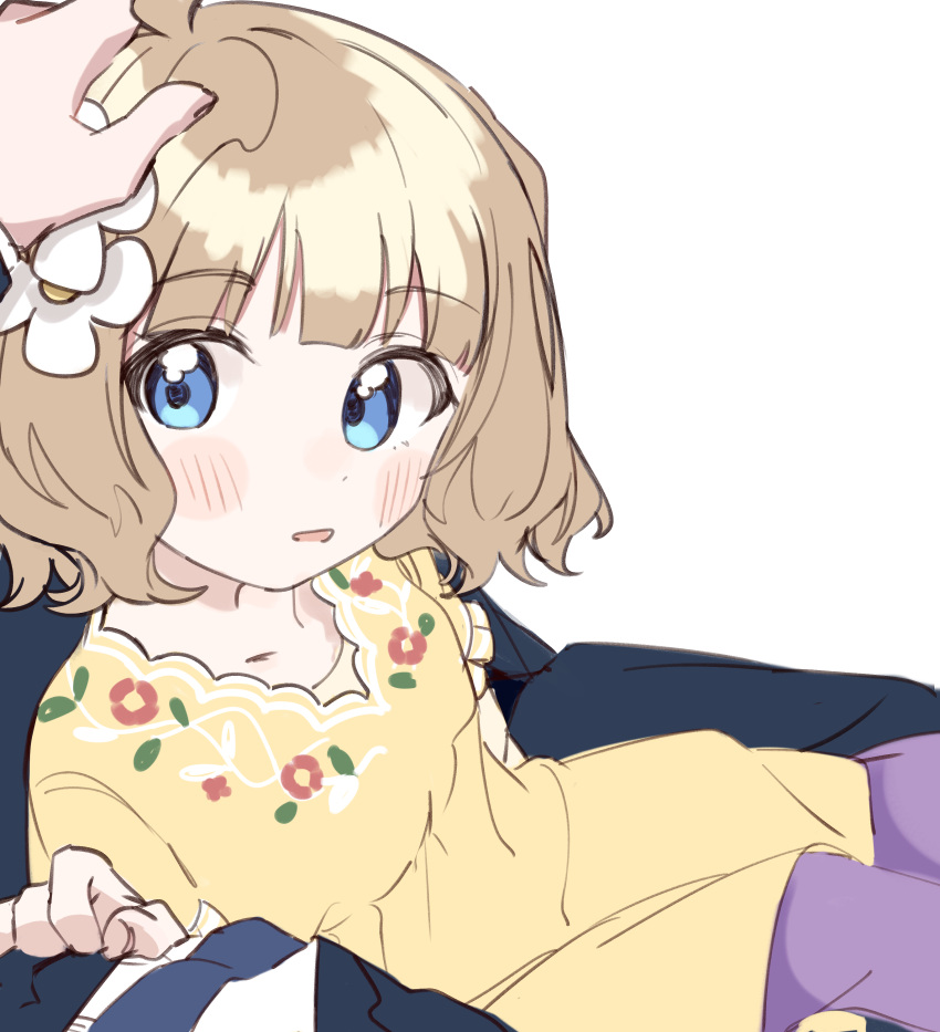 1girl absurdres ahoge bangs blue_eyes blue_necktie blunt_bangs blush dot_nose eyebrows_visible_through_hair feet_out_of_frame floral_print flower frilled_sleeves frills from_above from_side hair_flower hair_ornament hand_on_another's_head hand_up head_tilt headpat highres idolmaster idolmaster_million_live! light_brown_hair looking_at_viewer looking_to_the_side looking_up meeeeeeco359 necktie out_of_frame parted_lips pov pov_hands producer_(idolmaster) purple_legwear shiny shiny_hair short_hair short_sleeves sitting sitting_on_lap sitting_on_person solo_focus suou_momoko tareme wavy_hair white_background white_flower
