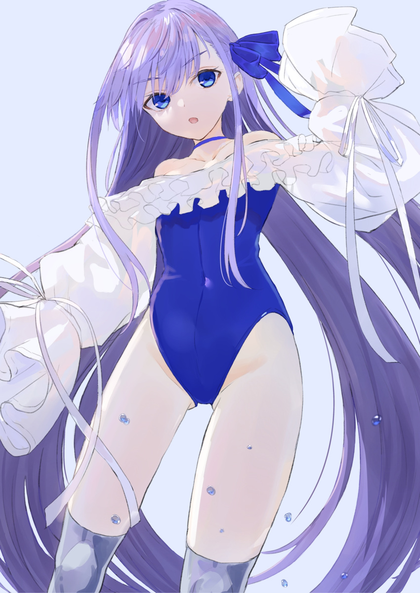 1girl blue_eyes blue_swimsuit casual_one-piece_swimsuit cowboy_shot fate/grand_order fate_(series) frilled_swimsuit frills highleg highleg_swimsuit highres kei201107 long_hair long_sleeves looking_at_viewer meltryllis_(fate) meltryllis_(swimsuit_lancer)_(fate) off-shoulder_one-piece_swimsuit off_shoulder one-piece_swimsuit over-kneehighs purple_hair sleeves_past_fingers sleeves_past_wrists solo swimsuit thigh-highs