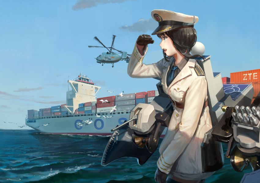 1girl absurdres aircraft bird black_gloves black_hair blue_necktie blue_sky cannon clouds day epaulettes gloves hat helicopter highres jacket jeanex long_sleeves mecha_musume military military_uniform military_vehicle missile necktie ocean original outdoors peaked_cap personification seagull ship sky solo turret uniform warship watercraft white_headwear white_jacket