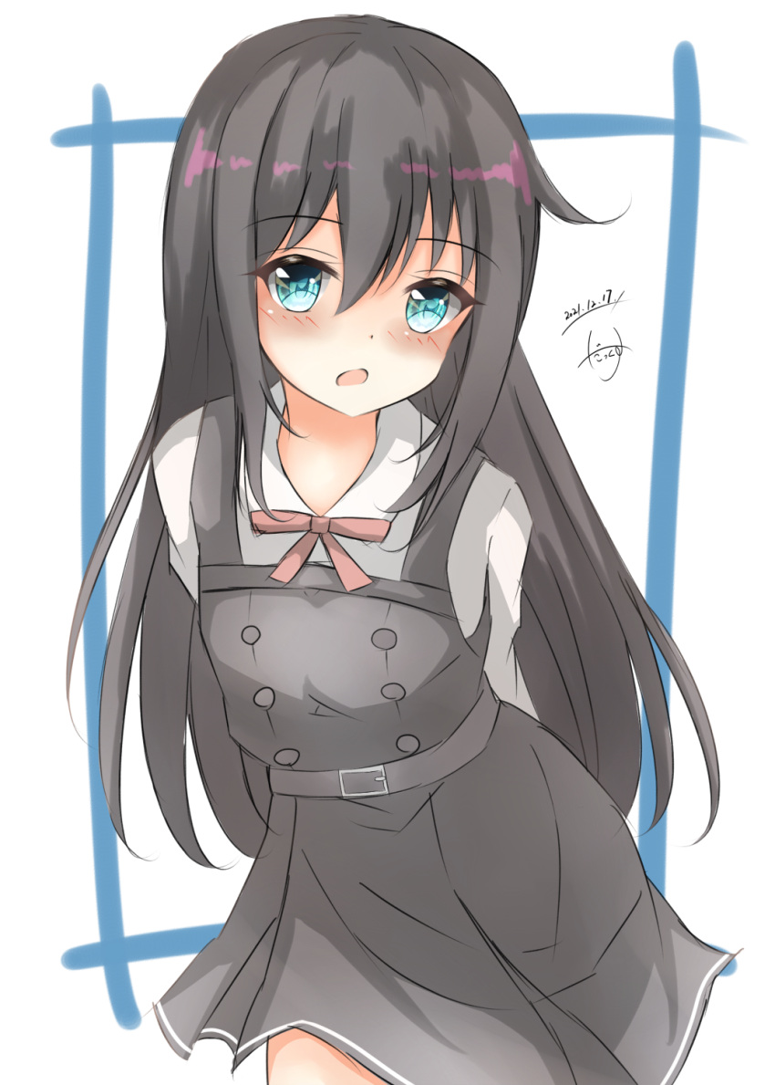 1girl arms_behind_back asashio_(kancolle) bangs black_dress black_hair blue_eyes blush bow collared_shirt commentary_request dakkusu dated dress eyebrows_visible_through_hair hair_between_eyes highres kantai_collection long_hair looking_at_viewer one-hour_drawing_challenge open_mouth pinafore_dress pink_bow remodel_(kantai_collection) shirt signature sleeveless sleeveless_dress solo very_long_hair white_background white_shirt