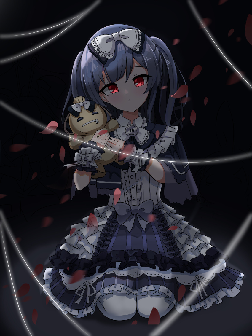 1girl absurdres bangs black_background bow center_frills closed_mouth commentary_request dress eyebrows_visible_through_hair frilled_dress frills gothic_lolita grey_bow hair_bow highres idolmaster idolmaster_shiny_colors lolita_fashion long_hair looking_at_viewer morino_rinze petals red_eyes revision ribbon seiza sitting solo string stuffed_animal stuffed_toy sylph_p white_bow white_legwear white_ribbon