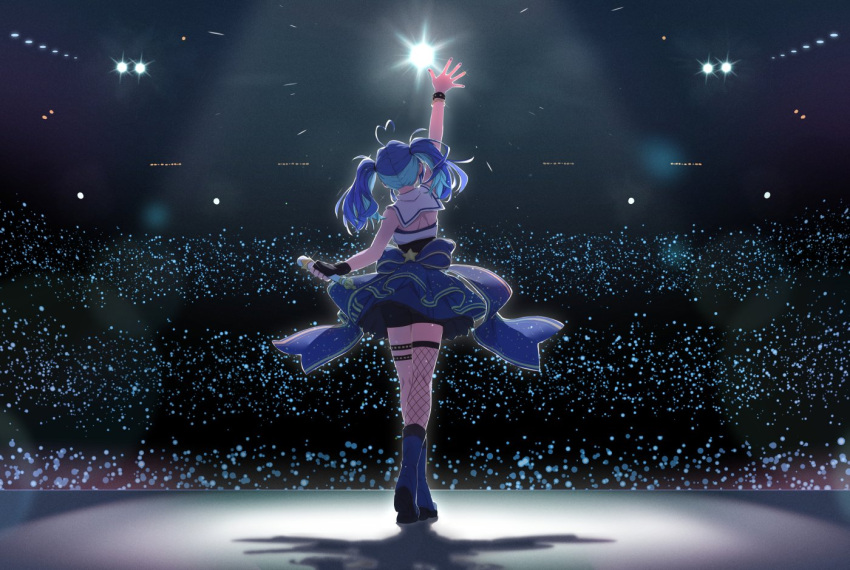 1girl ahoge alive_musix arm_up blue_footwear blue_hair boots concert dress fishnet_legwear fishnets from_behind heart_ahoge holding holding_microphone idol idol_clothes knee_boots long_hair mair_(alive_musix) microphone single_thighhigh spotlight stage stage_lights thigh-highs thigh_strap toromera twintails virtual_youtuber