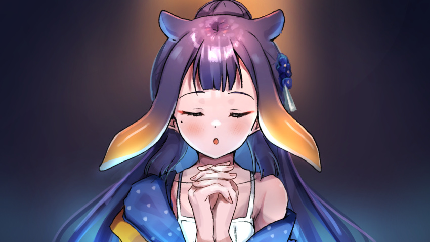 1girl :o blush closed_eyes dark_background dress hair_ornament highres hololive hololive_english interlocked_fingers long_hair maru_ccy mole mole_under_eye ninomae_ina'nis off_shoulder own_hands_clasped own_hands_together ponytail purple_hair sleeveless sleeveless_dress solo tentacle_hair upper_body violet_(ninomae_ina'nis) virtual_youtuber white_dress