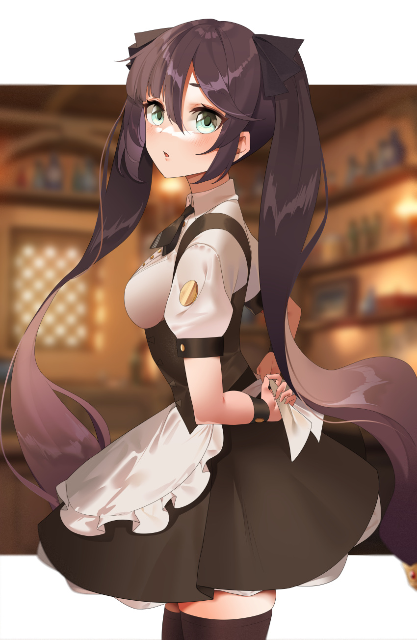 1girl absurdres alternate_costume apron bangs black_hair black_legwear blurry blurry_background blush breasts enmaided from_side genshin_impact green_eyes hair_between_eyes hair_ribbon highres kemile long_hair looking_to_the_side maid maid_apron mona_(genshin_impact) necktie open_mouth pantyhose ribbon short_necktie short_sleeves solo thigh-highs thighs twintails tying_apron very_long_hair wrist_cuffs zettai_ryouiki