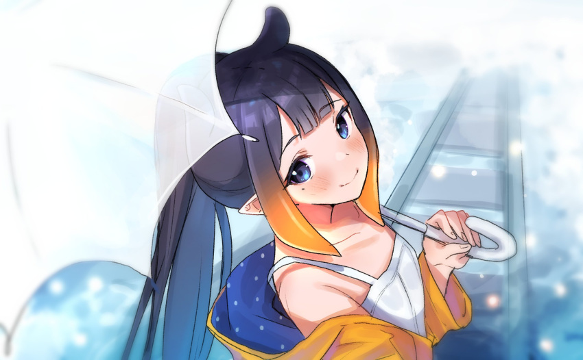 1girl blue_eyes blush dress eyebrows_visible_through_hair highres hololive hololive_english long_hair looking_at_viewer maru_ccy mole mole_under_eye ninomae_ina'nis pointy_ears ponytail purple_hair raincoat see-through sleeveless sleeveless_dress smile solo tentacle_hair umbrella upper_body violet_(ninomae_ina'nis) virtual_youtuber white_dress