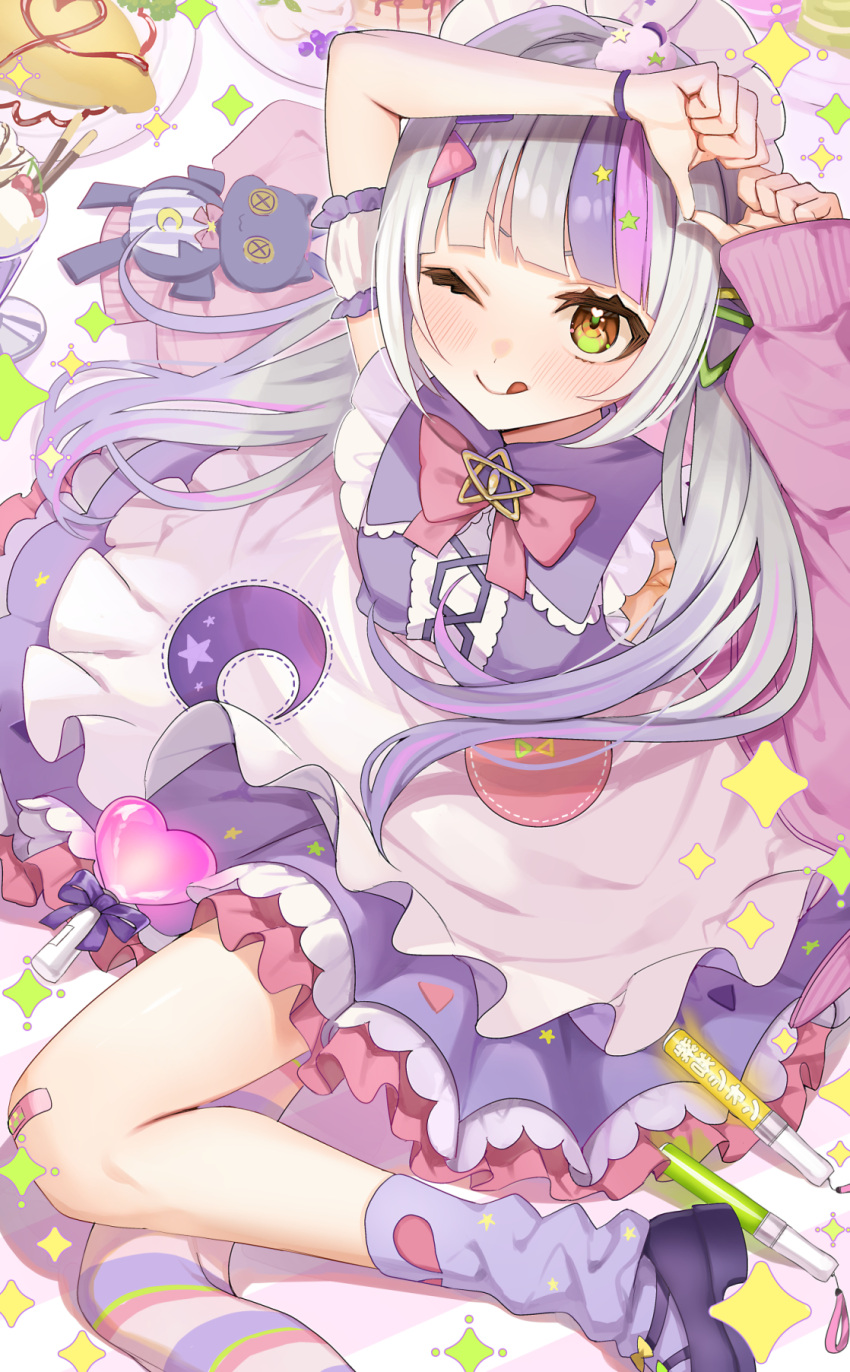 1girl ;q apron arms_up bangs blunt_bangs blush cardigan closed_mouth detached_sleeves frilled_apron frills heart heart_hands highres hololive lolita_fashion long_hair looking_at_viewer maid_headdress multicolored_hair murasaki_shion omaru_(0marufestival) one_eye_closed pink_cardigan purple_hair purple_shirt purple_skirt shirt short_sleeves silver_hair skirt smile solo streaked_hair sweet_lolita tongue tongue_out twintails virtual_youtuber waist_apron white_apron yellow_eyes