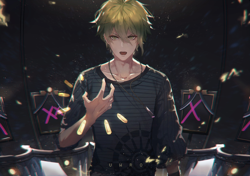 1boy amami_rantarou bangs collarbone commentary_request danganronpa_(series) danganronpa_v3:_killing_harmony ear_piercing green_eyes green_hair grey_shirt hair_between_eyes highres jewelry looking_at_viewer male_focus necklace open_mouth piercing revision shirt short_hair solo standing striped striped_shirt uwro