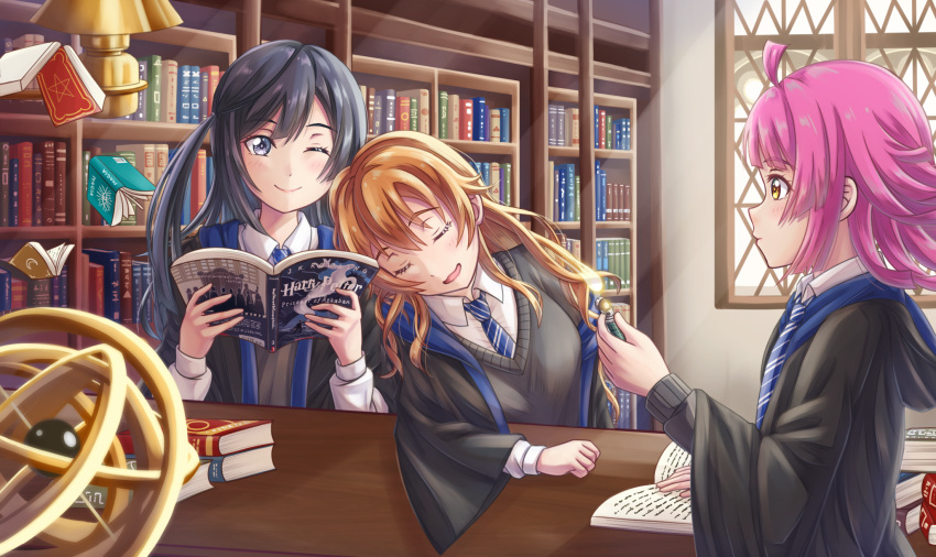 3girls ahoge bangs birthday black_hair book bookshelf closed_eyes commentary crossover eyebrows_visible_through_hair floating floating_book floating_object grey_eyes harry_potter_(series) highres konoe_kanata long_hair love_live! love_live!_nijigasaki_high_school_idol_club magic medium_hair multiple_girls necktie one_eye_closed one_side_up orange_hair pink_hair sidelocks sleeping table tennouji_rina tsukimi_seiya yellow_eyes yuuki_setsuna_(love_live!)