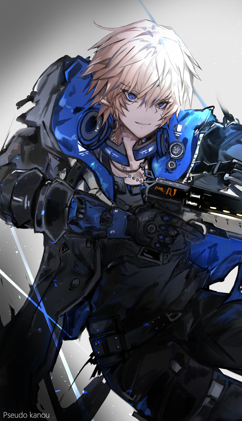 1boy absurdres belt black_shirt blonde_hair blue_eyes blue_jacket chinese_commentary gun handgun headphones highres holding holding_gun holding_weapon hood hood_down jacket jewelry lee_(punishing:_gray_raven) looking_at_viewer male_focus necklace official_alternate_costume open_clothes open_jacket parted_lips pistol punishing:_gray_raven rozy94 shirt short_hair slit_pupils solo sparkle weapon