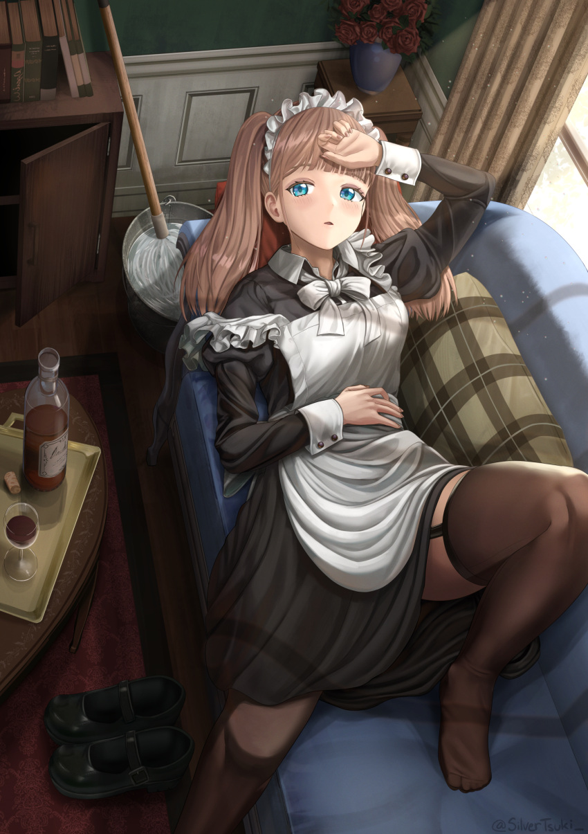 1girl blue_eyes book bottle bow bowtie bucket couch cup curtains drinking_glass flower garter_straps hand_to_forehead highres lying maid mop on_back original silvertsuki thigh-highs twintails vase window wine_bottle wine_glass