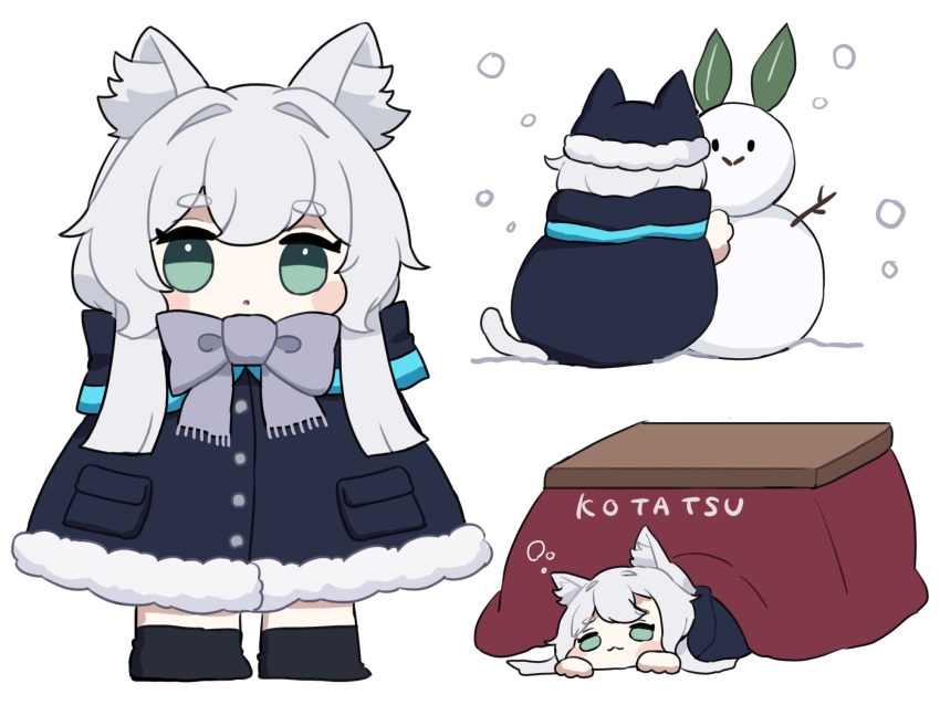 1girl :o animal_ear_fluff animal_ears animal_hat arknights bangs black_headwear black_jacket black_legwear blush_stickers bow cat_ears cat_girl cat_hat cat_tail chibi commentary_request eyebrows_visible_through_hair fake_animal_ears fringe_trim fur-trimmed_headwear fur-trimmed_jacket fur_trim green_eyes grey_bow grey_hair hat highres jacket kotatsu long_hair multiple_views parted_lips rosmontis_(arknights) short_eyebrows snowing snowman socks someyaya table tail thick_eyebrows under_kotatsu under_table white_background