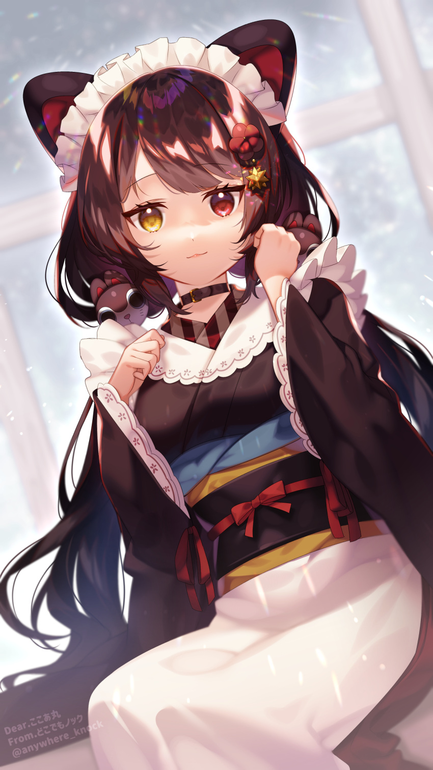 1girl absurdres animal_ears anywhere_knock apron bangs blush brown_choker brown_hair brown_kimono choker commentary_request dog_ears eyebrows_visible_through_hair flower hair_flower hair_ornament hands_up heterochromia highres inui_toko japanese_clothes kimono long_hair long_sleeves looking_at_viewer maid_headdress nijisanji obi parted_lips red_eyes sash solo twintails very_long_hair virtual_youtuber white_apron yellow_eyes