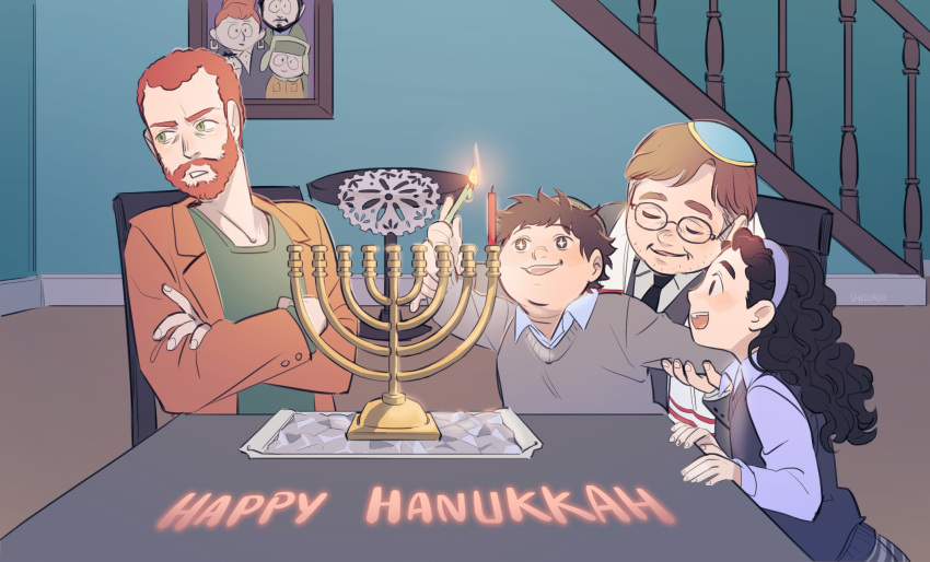 1girl 3boys black_hair brown_hair candle candlestand closed_eyes crossed_arms eric_cartman facial_hair father_and_daughter father_and_son formal gerald_broflovski glasses green_eyes hairband hat highres ike_broflovski kyle_broflovski menorah menorah_cartman moisha_cartman multiple_boys older redhead shawl sheila_broflovski short_hair shouri_(mirrorshards) smile south_park south_park:_post_covid spoilers star-shaped_pupils star_(symbol) suit sweater sweater_vest symbol-shaped_pupils yamaka