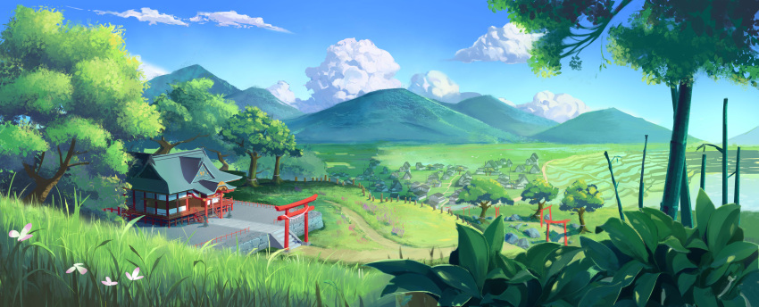 absurdres architecture brick_wall clouds commentary_request day east_asian_architecture fence field flower foliage grass highres house lake leaf mountainous_horizon no_humans original pink_flower road rock scenery sky stairs town tree zhaohengyu2