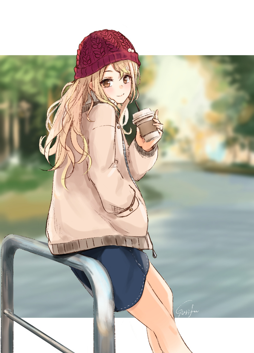 1girl absurdres bang_dream! bangs beach blonde_hair blue_skirt blurry blurry_background blush brown_eyes brown_jacket closed_mouth coffee_cup commentary_request cup denim denim_skirt depth_of_field disposable_cup drinking_straw from_side gurifu hand_in_pocket highres holding holding_cup jacket kirigaya_touko long_hair long_sleeves looking_at_viewer looking_to_the_side puffy_long_sleeves puffy_sleeves railing red_headwear signature skirt smile solo