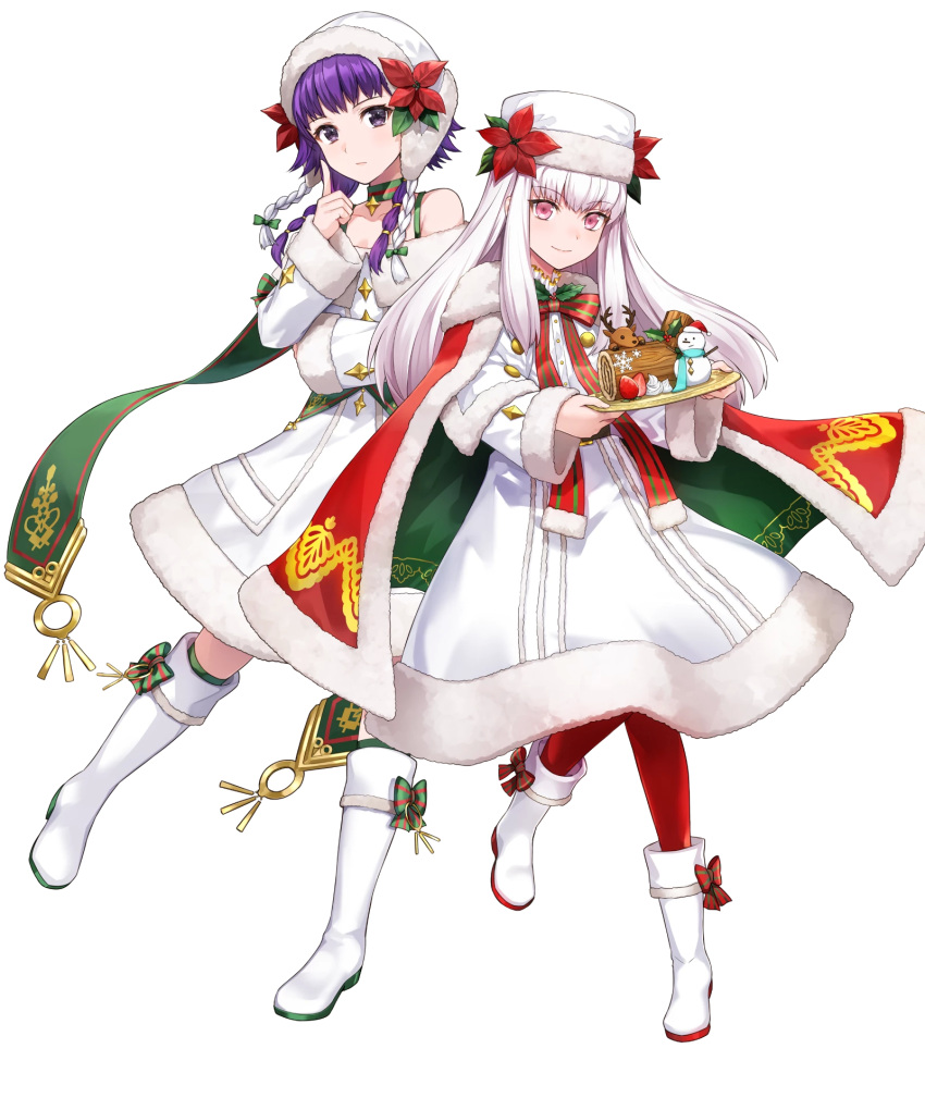 2girls amagai_tarou bangs bare_shoulders belt boots bow braid cape choker closed_mouth collarbone expressionless eyebrows_visible_through_hair fire_emblem fire_emblem:_the_sacred_stones fire_emblem:_three_houses fire_emblem_heroes food fruit full_body fur_trim gold_trim hat highres index_finger_raised knee_boots long_hair long_sleeves looking_at_viewer looking_away lute_(fire_emblem) lysithea_von_ordelia multiple_girls official_art open_mouth pantyhose purple_hair red_legwear simple_background smile snowman strawberry tied_hair transparent_background violet_eyes white_footwear white_hair