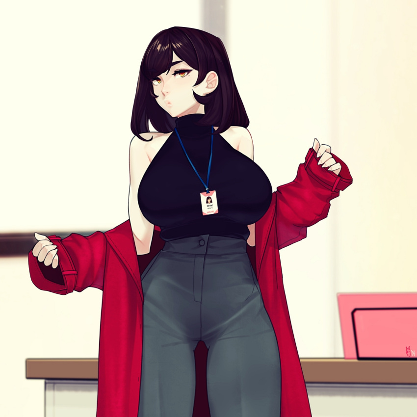 1girl bangs bare_shoulders breasts coat facing_viewer high-waist_pants huge_breasts id_card lanyard mole mole_under_eye off_shoulder office_lady original red_coat sleeveless sleeveless_sweater solo standing sweater turtleneck turtleneck_sweater yellow_eyes zcune