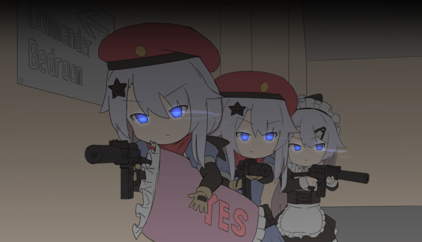 3girls 9a-91 9a-91_(girls'_frontline) arrow_(symbol) beret blue_eyes clone commentary_request dark dummy girls_frontline glowing glowing_eyes gun hair_ornament hairclip hat holding holding_gun holding_pillow holding_weapon maid maid_headdress multiple_girls pillow scarf suppressor takiyama_(maze-724) wall weapon white_hair yes yes-no_pillow
