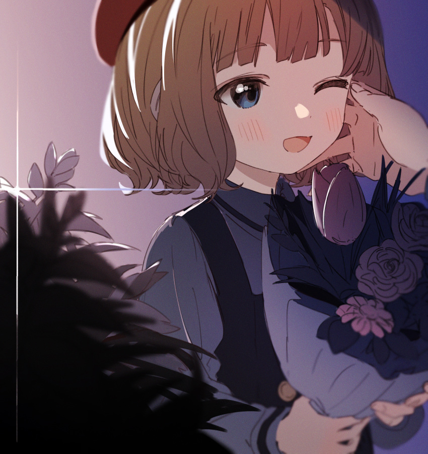 1girl ;d absurdres ahoge backlighting bangs blue_eyes blunt_bangs blurry blush bouquet dark depth_of_field dot_nose eyebrows_visible_through_hair eyes_visible_through_hair flower from_side hand_on_another's_cheek hand_on_another's_face hands_up highres holding holding_bouquet idolmaster idolmaster_million_live! indoors leaf light_brown_hair long_sleeves meeeeeeco359 one_eye_closed open_mouth plant short_hair smile solo_focus sparkle suou_momoko tulip upper_body wavy_hair